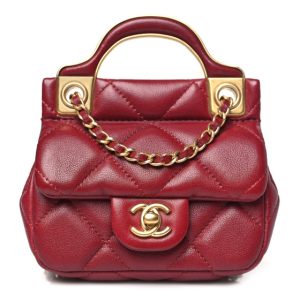 Chanel Calfskin Quilted Lady Handle Flap Card Holder With Chain Red