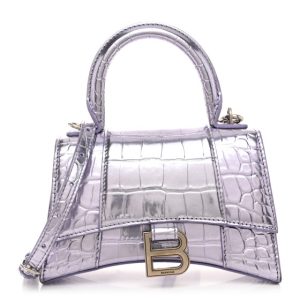 Balenciaga Metallic Calfskin Crocodile Embossed Hourglass Top Handle Bag XS Lilac