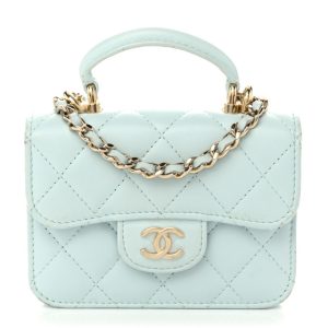 Chanel Lambskin Quilted Top Handle Flap Coin Purse With Chain Light Blue