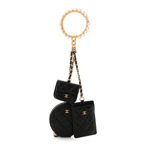 Chanel Pearl Lambskin Pearl Crown CC Wristlet Multi Pouches Black