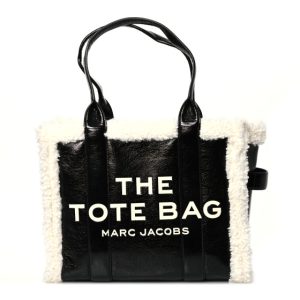 Marc Jacobs Shiny Calfskin Faux Shearling Large The Traveler Tote Bag Black