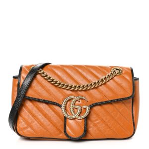 Gucci Vintage Effect Calfskin Matelasse Diagonal Small Torchon GG Marmont Shoulder Bag Cognac Black