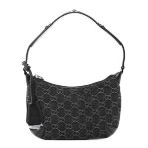Gucci Jacquard Black Denim GG Monogram Horsebit Slim Small Shoulder Bag Black Grey
