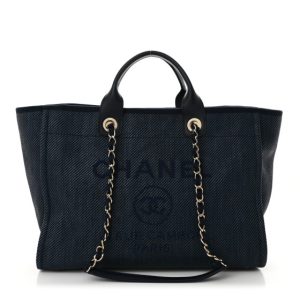 Chanel Mixed Fibers Calfskin Medium Deauville Tote Navy Blue