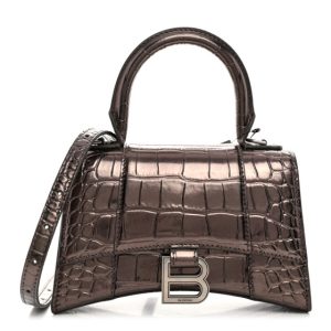 Balenciaga Metallic Shiny Calfskin Crocodile Embossed Hourglass Top Handle Bag XS Dark Bronze