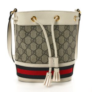 Gucci GG Supreme Monogram Textured Calfskin Web Mini Ophidia Bucket Bag Beige Ebony Mystic White