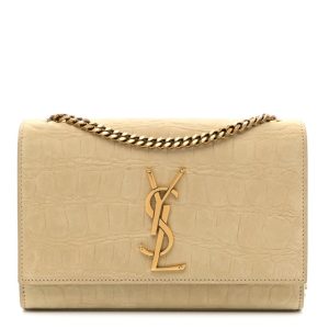 Saint Laurent Crocodile Embossed Nubuck Small Monogram Kate Satchel Nougat Beige