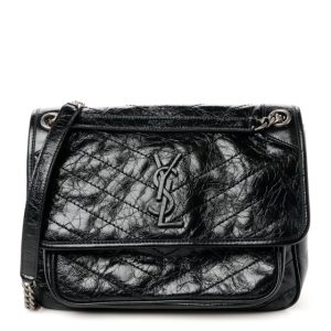 Saint Laurent Crinkled Calfskin Matelasse Monogram Medium Niki Chain Satchel Black