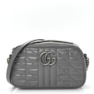 Gucci Calfskin Matelasse Aria Small GG Marmont Chain Shoulder Bag Deep Grey