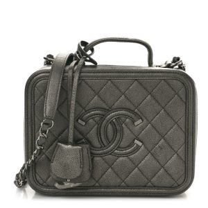 Chanel Metallic Caviar Quilted Medium CC Filigree Vanity Case Dark Silver