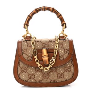 Gucci New Canvas Charisma Calfskin Crystal GG Monogram Small Bamboo 1947 Top Handle Bag Camel Ebony