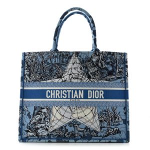 Christian Dior Canvas Embroidered Large Around The World Book Tote Light Blue