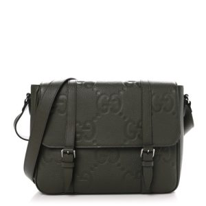 Gucci Calfskin Jumbo GG Embossed Double Buckle Medium Messenger Bag Dark Vintage Olive