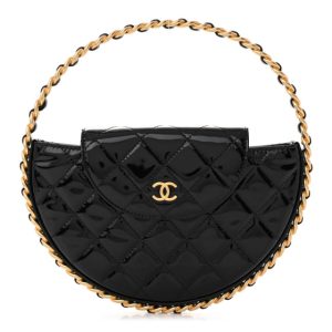 Chanel Patent Calfskin Quilted Chain Hoop Bag Black