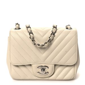 Chanel Lambskin Chevron Quilted Mini Square Flap White