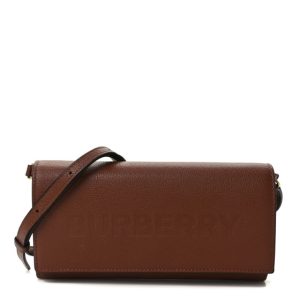 Burberry Grained Calfskin Embossed Logo Henley Wallet On Chain Tan