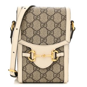 Gucci GG Supreme Monogram Azalea Calfskin Mini Horsebit 1955 Crossbody Bag Beige Ebony Mystic White