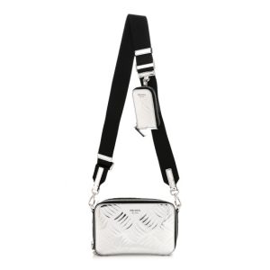 Prada Spazzolato Embossed Small Brique Crossbody Bag Argento