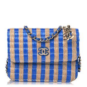 Chanel Raffia Jute Striped Belt Bag Blue Beige