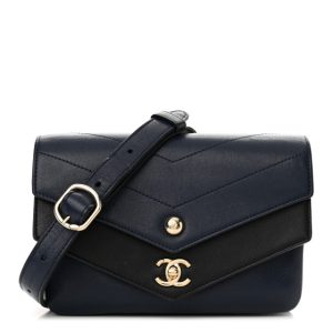 Chanel Sheepskin Chevron Quilted Double Chevron Waist Bag Navy Black