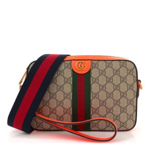 Gucci GG Supreme Monogram Textured Dollar Calfskin Web Ophidia Wristlet Shoulder Bag Beige Ebony Orange