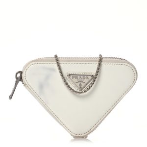 Prada Spazzolato Mini Triangle Chain Crossbody Pouch White