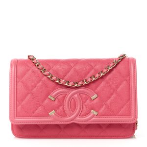 Chanel Caviar Quilted CC Filigree Wallet On Chain WOC Pink