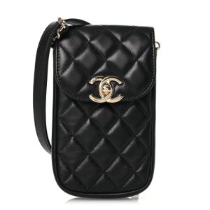 Chanel Lambskin Quilted Phone Chain Clutch Waist Bag Black