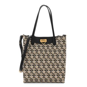 Salvatore Ferragamo Canvas Calfskin Gancini Tote Sand Black