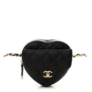 Chanel Lambskin Quilted CC In Love Heart Waist Belt Bag With Chain Black