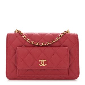 Chanel Caviar Quilted Pocket Clutch With Chain WOC Red