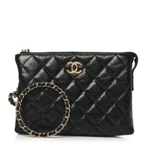 Chanel Shiny Crumpled Calfskin Quilted Clutch Bag Black