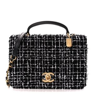 Chanel Tweed Lambskin Quilted Top Handle Flap Black White