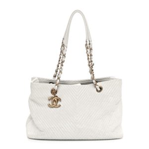 Chanel Wrinkled Lambskin Chevron Quilted Surpique Tote White