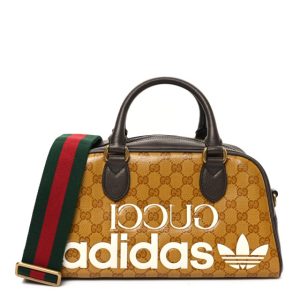 Gucci X ADIDAS Crystal Vintage Monogram Textured Dollar Calfskin Web Trefoil Logo Mini Bowling Bag Mid Natural Nut Off White New Acero