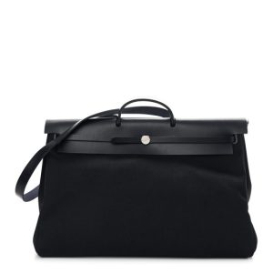 Hermes Military Toile Vache Hunter Herbag Zip Retourne Cabine Bag Black Bleu Marine