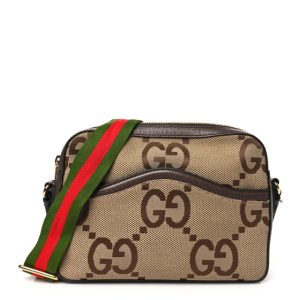 Gucci Monogram Jumbo GG Textured Dollar Calfskin Web Messenger Shoulder Bag Camel Ebony New Acero