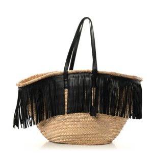 Saint Laurent Calfskin Raffia Panier Fringe Tote Black