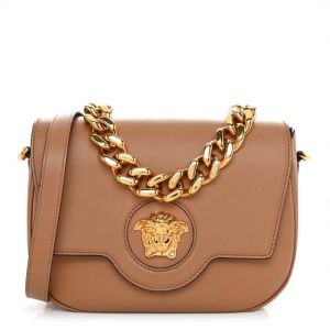 Versace Grained Calfskin La Medusa Chain Clutch Bag Brown