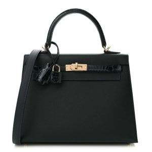 Hermes Madame Calfskin Shiny Niloticus Crocodile Kelly Sellier Touch 25 Vert Rousseau