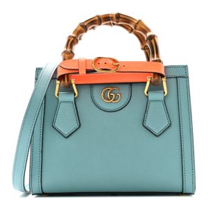Gucci Wonka Grain Calfskin Mini Diana Tote Bag Dusty Azure Orange Fluo