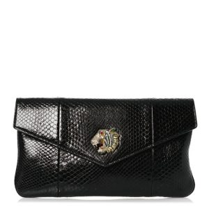 Gucci Snakeskin Rajah Broadway Envelope Clutch Black