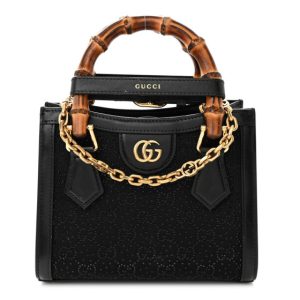 Gucci New Canvas Charisma Calfskin Crystal GG Monogram Mini Diana Tote Black