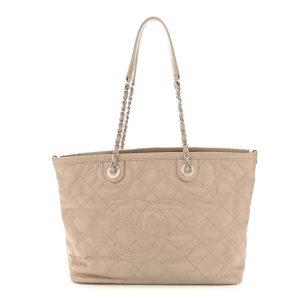 Chanel Grained Calfskin Quilted Small Daily Shopping Tote Beige
