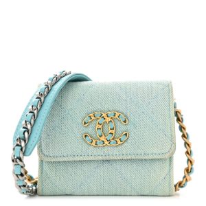 Chanel Denim Quilted Chanel 19 Flap Coin Purse With Chain Neon Blue