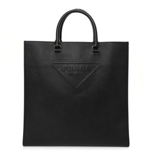 Prada Saffiano Cuir Triangle Logo Embossed Vertical Tote Black
