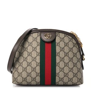 Gucci GG Supreme Monogram Textured Dollar Calfskin Web Small Ophidia Dome Shoulder Bag Beige Ebony New Acero