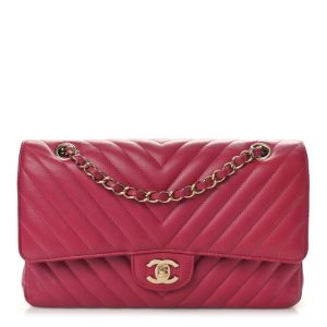 Chanel Lambskin Chevron Quilted Medium Double Flap Pink