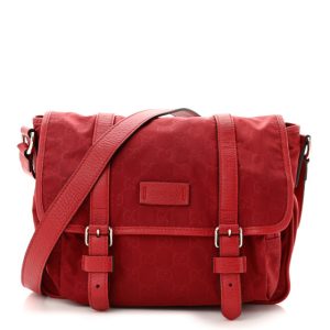 Gucci Nylon Monogram Double Buckle Flap Messenger Bag Vibrant Red