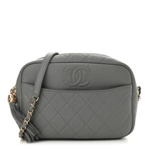 Chanel Iridescent Caviar Flat Quilted Small Coco Tassel Camera Case Grey